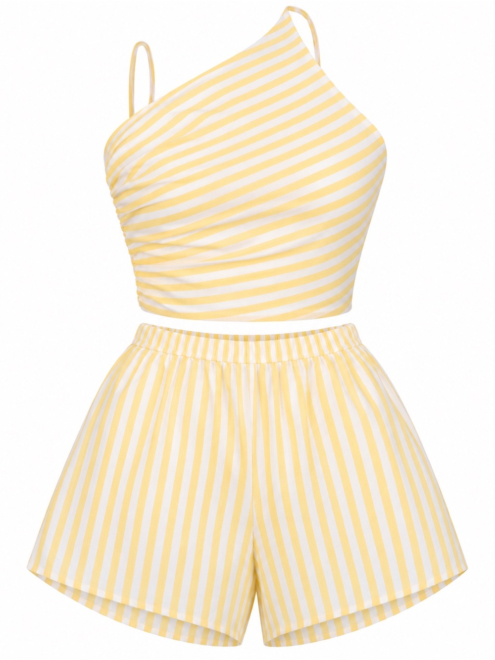 Commense Yellow and White Striped Asymmetrical Crop Top & Shorts